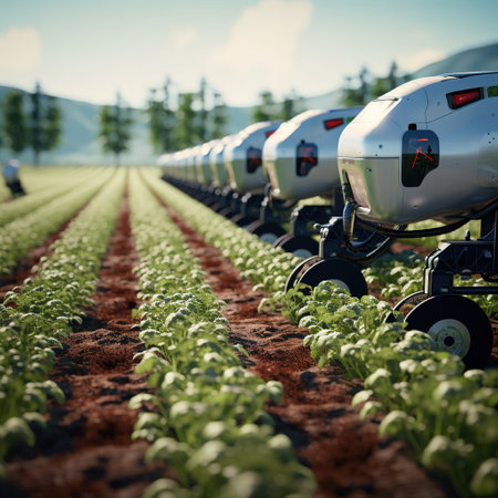 Agricultural machinery in a row on a field with young plantsの素材