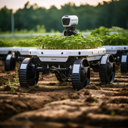 Agriculture technology concept. Smart agriculture robot working in field.の素材