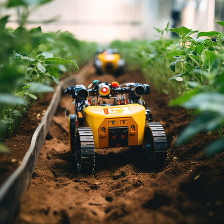 Miniature robot working in a greenhouse. Concept of agriculture and farming.の素材