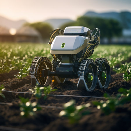 Agriculture technology. Farmer working on the field with a tractorの素材