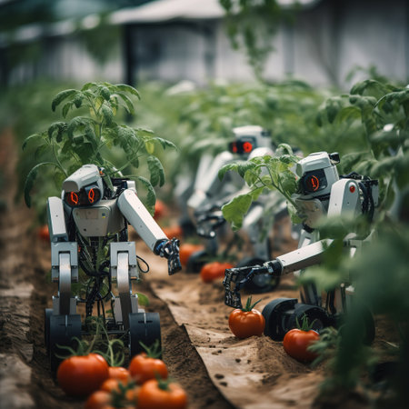 Robot and tomatoes in the greenhouse. The concept of harvesting vegetables.の素材