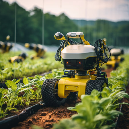 Miniature robot working in hydroponic vegetable garden, selective focusの素材