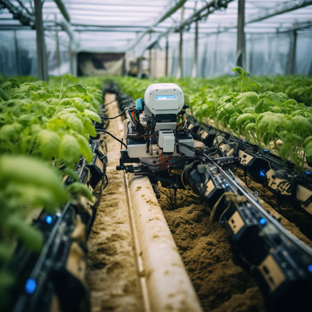 Hydroponic farming. Industrial robot working on the hydroponic farm.の素材