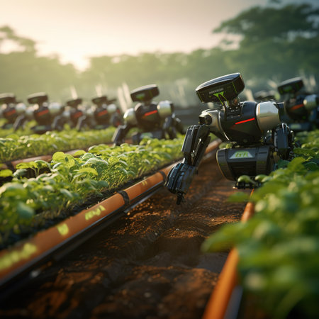 Robot working in vegetable garden. Technology and agriculture concept. 3D Renderingの素材