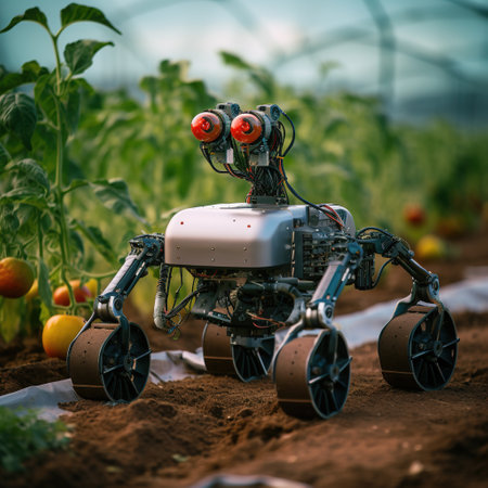 Toy robot working in the field. Industrial robot working in the fieldの素材