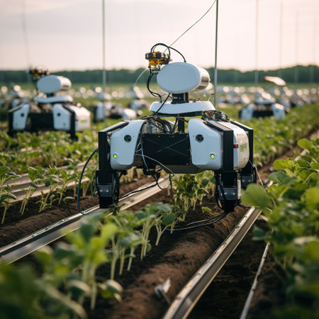 Industrial robot working in a greenhouse. Industrial robot working in a greenhouse.の素材