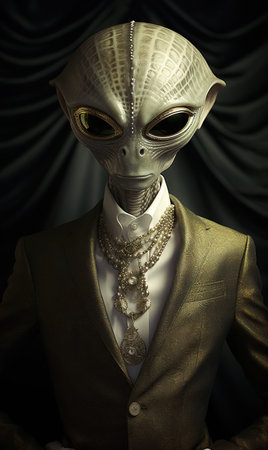 Fashionable man in a suit and mask over dark background.の素材