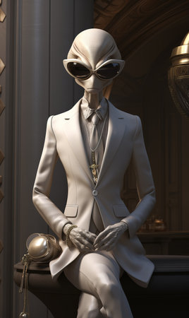 fashion mannequin wearing sunglasses and white suit sitting in luxury interiorの素材