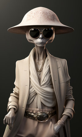 Model in a hat and sunglasses on a dark background. 3d renderingの素材