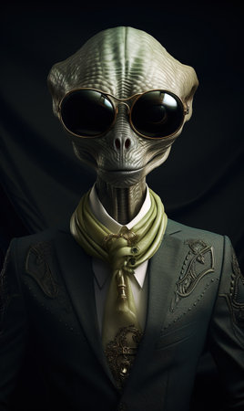 Mannequin in a suit and aviator sunglasses on a dark backgroundの素材