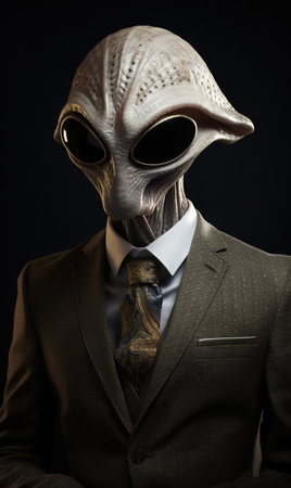 Man in a gas mask and a suit on a black background.の素材