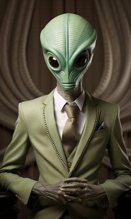 Fashion shot of a man in a green suit and mask.の素材