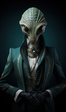 Portrait of a man in a green suit and mask. Fantasy.の素材