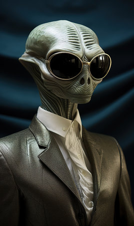 Mannequin wearing a gas mask and sunglasses on blue background.の素材