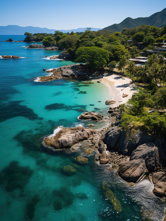 Aerial view of beautiful tropical beach with turquoise sea waterの素材