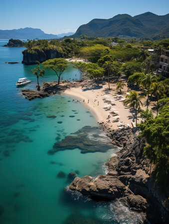 Aerial view of beautiful tropical beach with palm trees, white sand, turquoise water and blue sky in Rio de Janeiro, Brazilの素材