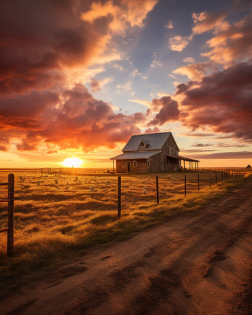 Abandoned farmhouse at sunset in the prairie in Australiaの素材