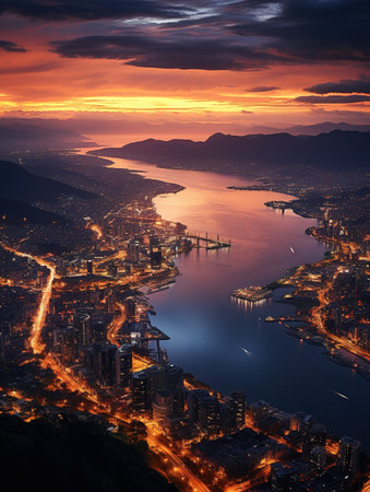Aerial view of Hong Kong city at sunset. Hong Kong is the capital and largest city of China.の素材