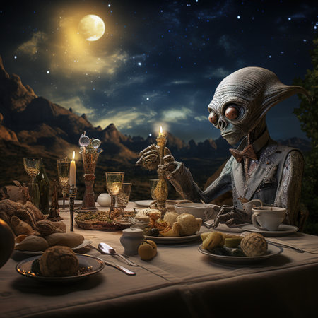 Alien sitting at the table with a full moon in the background.の素材