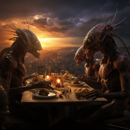 Fantasy dragon in a restaurant at sunset. 3D rendering.の素材