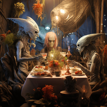 Halloween table with ghosts, candles and sweets. Halloween background.の素材