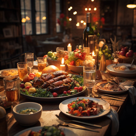 Christmas dinner with roasted turkey, wine and other food on wooden tableの素材