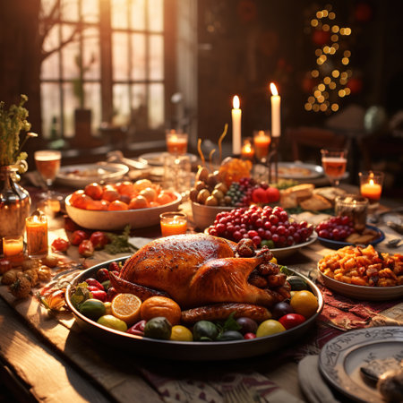 Thanksgiving dinner with roasted turkey and other traditional dishes on wooden tableの素材