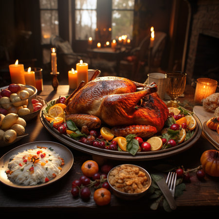 Thanksgiving dinner with roasted turkey, apples, cranberries, oranges and white wineの素材