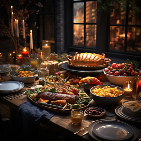Traditional Christmas dinner with turkey, fruits and vegetables on wooden table.の素材