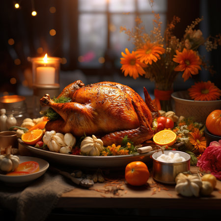 Thanksgiving dinner. Roasted turkey on a festive table decorated with flowers and candles.の素材