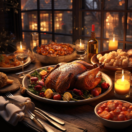 Traditional Christmas dinner with roast turkey on wooden table. Roasted turkey with baked apples and vegetables.の素材
