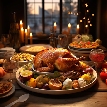 Thanksgiving dinner with roasted turkey and roasted vegetables on festive table, closeupの素材