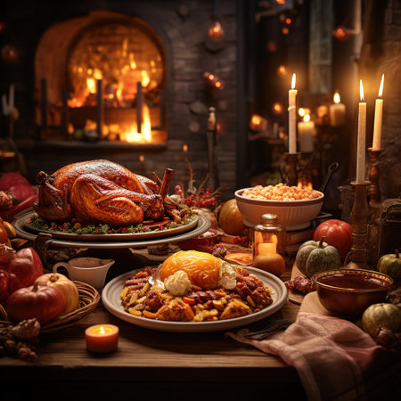 Thanksgiving dinner table with turkey and traditional dishes. Thanksgiving dinner concept.の素材