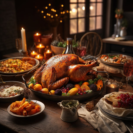 Thanksgiving dinner with roasted turkey and vegetables on rustic wooden tableの素材