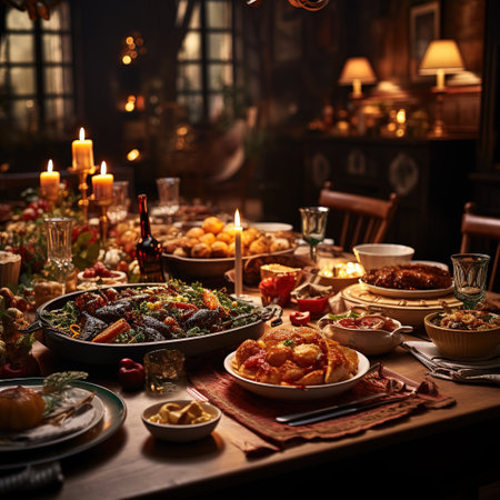 Traditional Christmas table in a dark room. Selective focus. Holiday.の素材