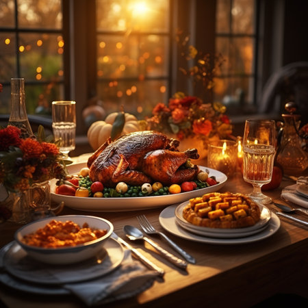 Thanksgiving dinner with roasted turkey on festive table. Celebration concept.の素材