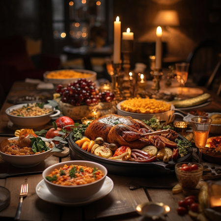 Traditional Christmas table with turkey, vegetables, fruit and other traditional dishesの素材