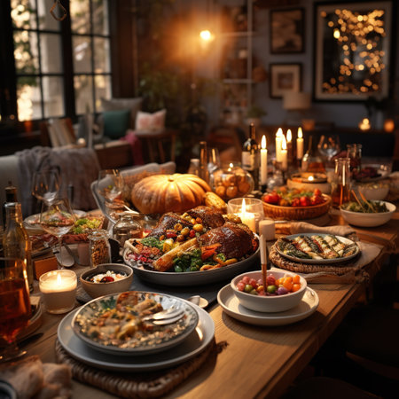 Traditional Thanksgiving dinner with turkey, vegetables and meat on rustic tableの素材