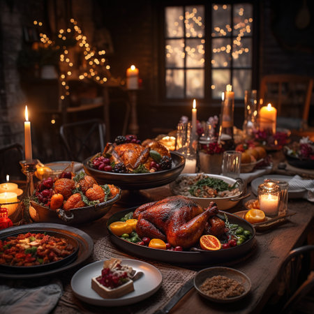 Traditional Christmas dinner with roasted turkey, apples, cranberries and other food on wooden tableの素材