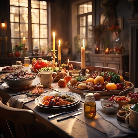 Dinner table with variety of food on wooden table in dark roomの素材