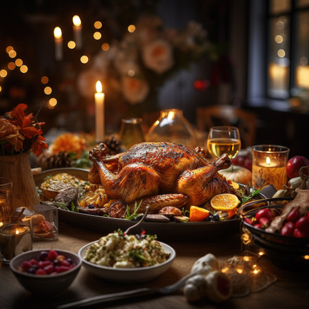 Traditional Christmas dinner with roasted turkey and candles on wooden table. Selective focusの素材