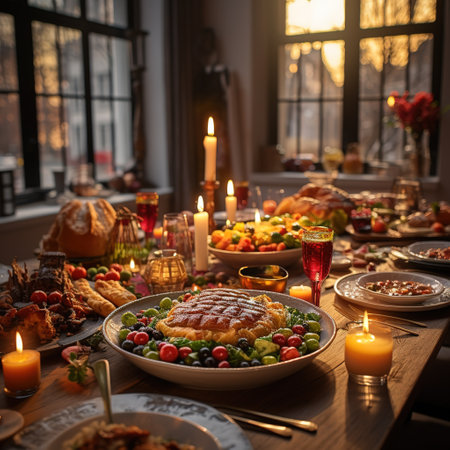 Festive table with a variety of food for the festive dinner.の素材