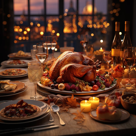 Thanksgiving dinner with roasted turkey on festive table, close up viewの素材