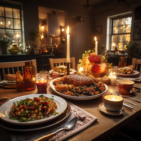 Festive Christmas dinner with turkey, baked beans and candles on wooden tableの素材
