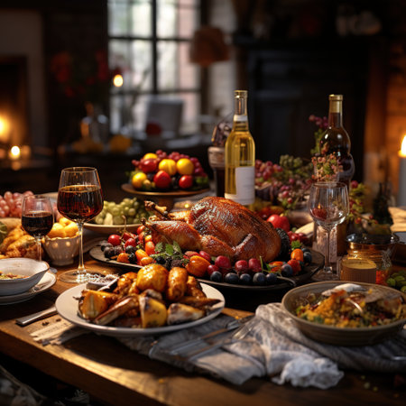 Traditional Christmas dinner with roasted turkey and wine in a rustic settingの素材