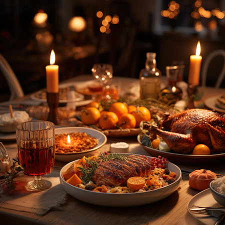 Traditional christmas dinner with turkey and wine on wooden table in dark roomの素材