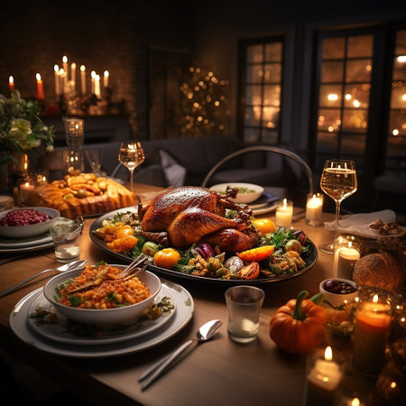 Traditional Christmas dinner with roasted turkey and vegetables, served on wooden tableの素材
