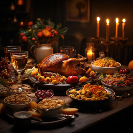 Thanksgiving dinner with roasted turkey, traditional food on wooden table.の素材