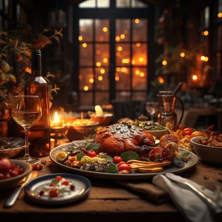 Thanksgiving dinner with roasted turkey on wooden table. Thanksgiving dinner concept.の素材