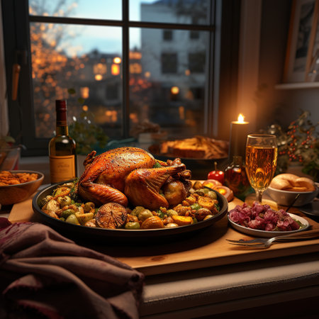 Roasted turkey or chicken with potatoes and vegetables served on a rustic wooden table with wine. Thanksgiving dinner.の素材